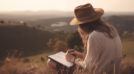 Fototapeta premium Woman in hat sketching in notebook with landscape view background