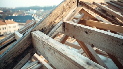 Construction worker installing roof trusses. Featuring precision and structural work