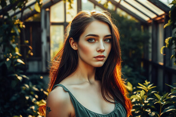 Fototapeta premium Beautiful Woman in a Greenhouse at Sunset