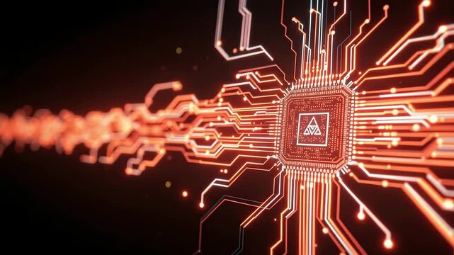 Futuristic Digital Circuitry with Bright Orange and Red Lights