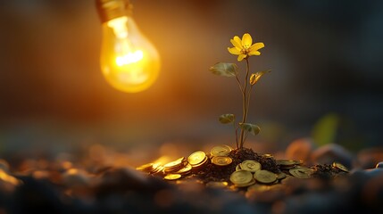 Business innovation concept with a small tree sprouting from golden coins under a glowing bulb on a blurred backdrop
