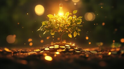 A symbol of financial success featuring a tree growing from coins with a glowing bulb overhead on a blurred backdrop