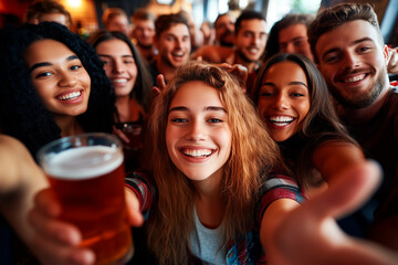 Group of people are smiling and holding glasses of beer. One of the people is taking a picture of the group
