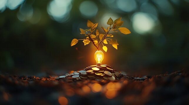 A radiant bulb lighting up a tree growing from a pile of coins symbolizing prosperity and innovation on a smooth bokeh backdrop