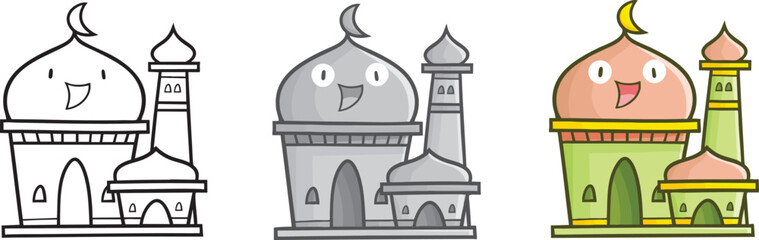 Funny three color version of green mosque cartoon illustration