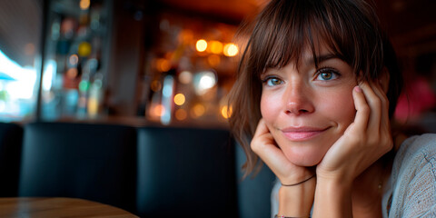 Woman is sitting at a table with her hands on her face. She is smiling.