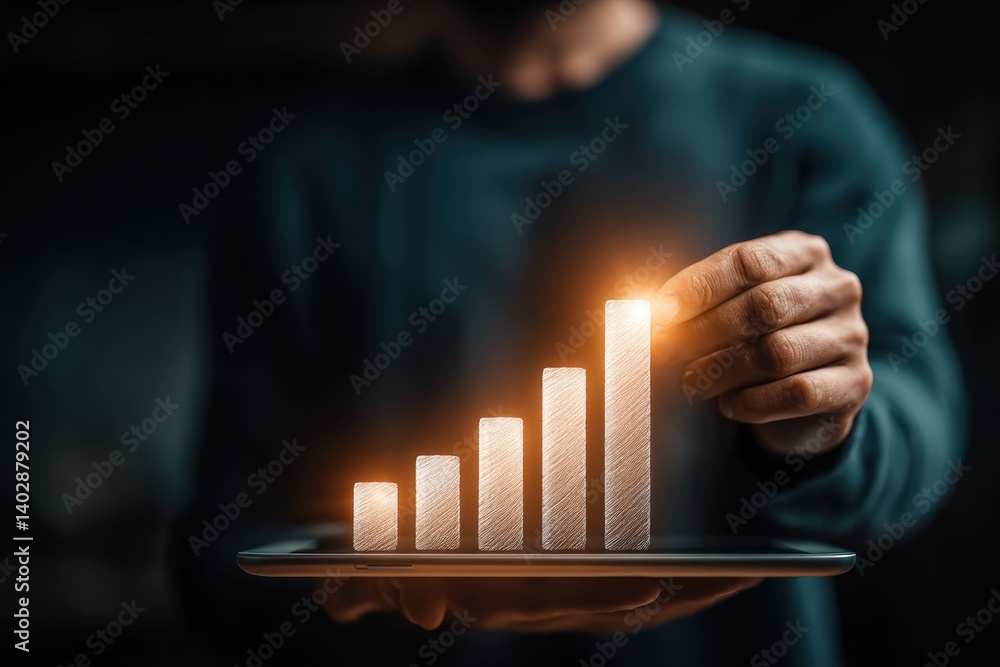 Poster business growth strategies modern workspace infographic digital environment close-up view data visua