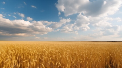 Naklejka premium A wheat field stretches to the horizon under a cloudy blue sky view