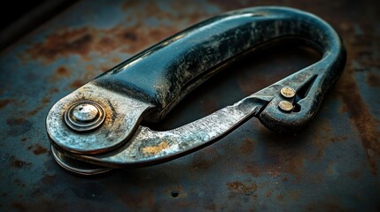 A weathered metal sits on a rusty metal surface