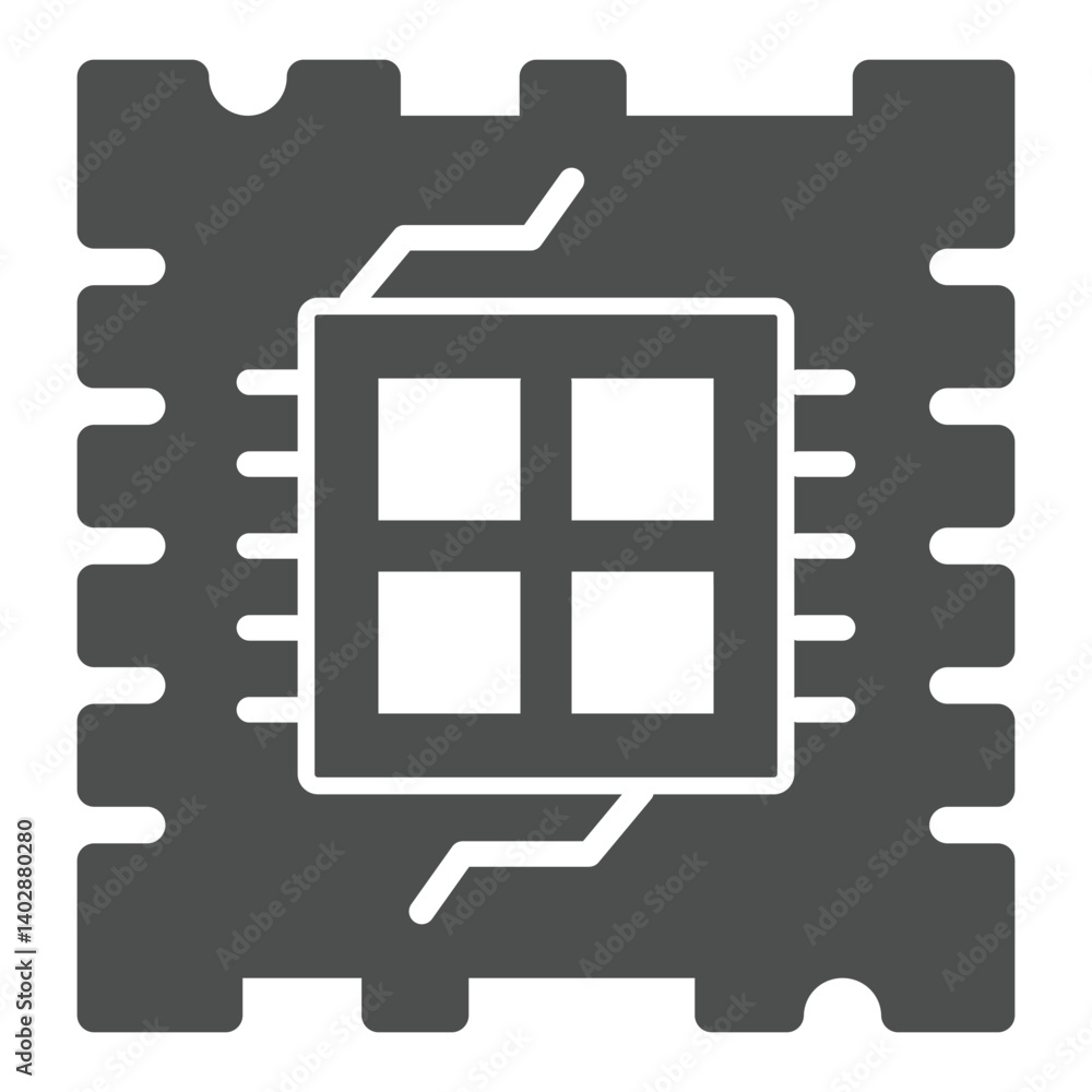 Poster quad core processor chip solid icon, microprocessor concept. vector graphics. processor unit with fo