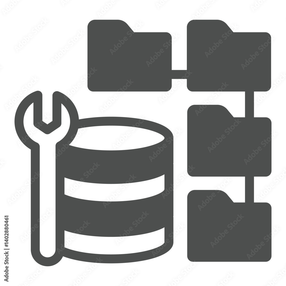 Aufkleber Wrench and database with folders solid icon, neural dataset concept. Vector graphics. Developer data array, storage sign on white background, glyph style icon for mobile or web design.