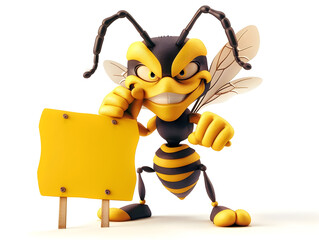 cartoon wasp with attitude, holding warning sign or flexing arms, humorous bug clipart style, isolated on white background