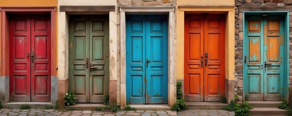 Rustic wood doors & windows collage, layered textures, chipped, element, vertical