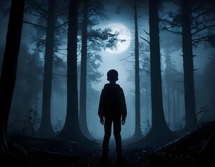 Boy Silhouette in Mysterious Moonlit Forest