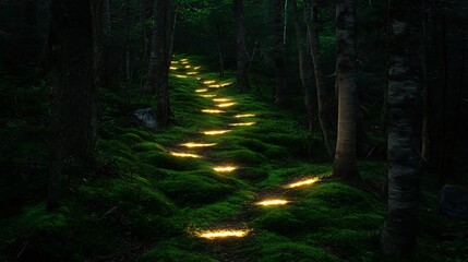 Fototapeta premium A serene forest with softly glowing moss and radiant pathways 