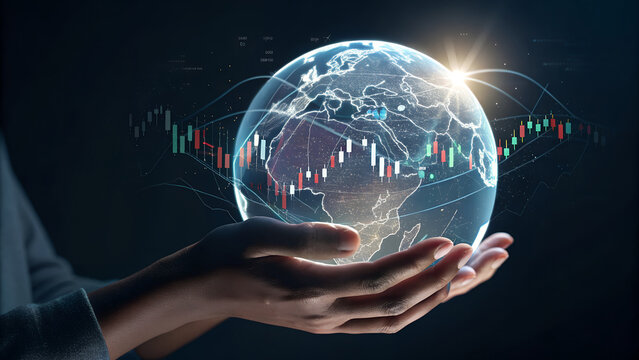 Hands holding a globe with stock market overlay representing global finance and investment trends - Powered by Adobe