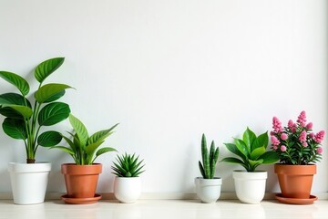 Fototapeta premium White textured wall, potted plants arrangement, home decor, clean, light