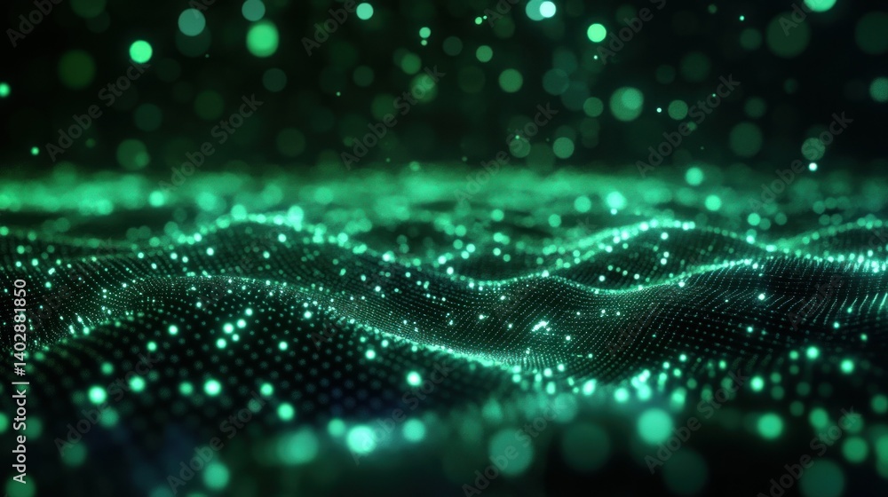 Poster glowing green particles create a dynamic digital abstract landscape design