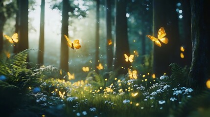 A serene forest with softly glowing plants and radiant butterflies 