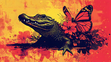 A vibrant illustration of an alligator surrounded by tropical flowers and a butterfly.