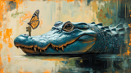 A majestic alligator with a butterfly holding a key, symbolizing freedom.