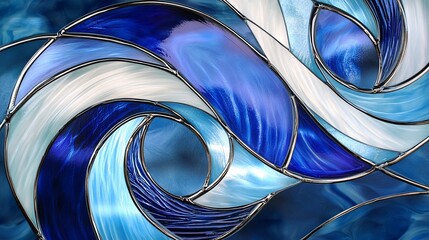 Elegant stained glass artwork with swirling blues and white hues