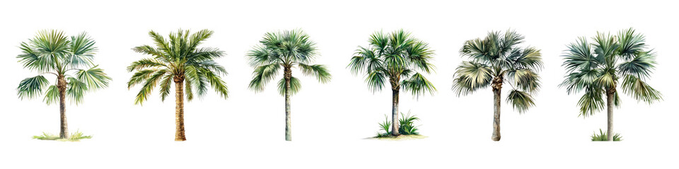 Obraz premium PNG Tropical palm trees illustration variety, element set on transparent background