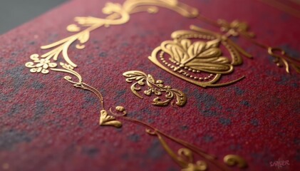Close-up of gold metallic foil stamping on the invitation card surface, luxurious, metallic, texture