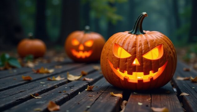 Spooky pumpkin carved into a creepy face on wooden planks , autumnal theme, Halloween decor, wooden panel