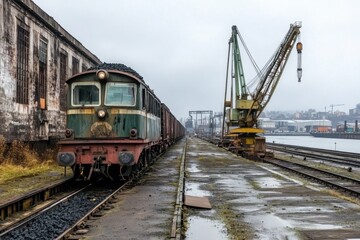 A rusty train stands near a loading crane in a harbor