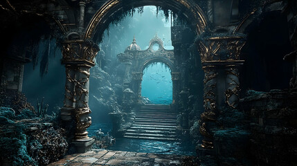 Naklejka premium A submerged, overgrown, ancient archway leading to an underwater realm.