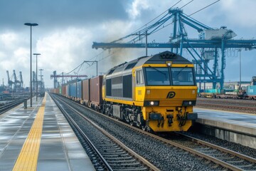 Fototapeta premium A large yellow train transporting cargo containers on tracks outdoors