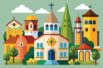 A church surrounded by nature in a peaceful village setting