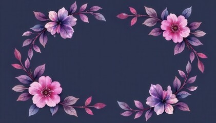 Purple watercolor floral wreath, flowing design, dark gray background, celebration, purple