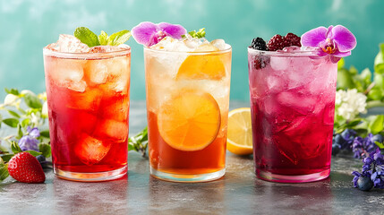 Three refreshing summer drinks garnished with flowers.