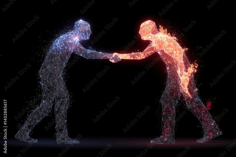 Poster evolving connections two abstract figures shaking hands digital art dark background conceptual visua