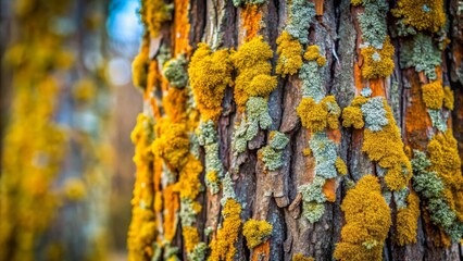 Close-up of tree bark texture with vibrant yellow and gray lichen growth