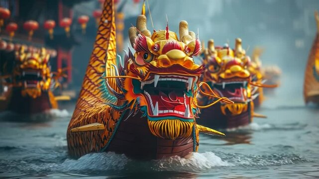 Traditional colorful dragon boats. Dragon Boat Festival in China, Asia. Duanwu Festival