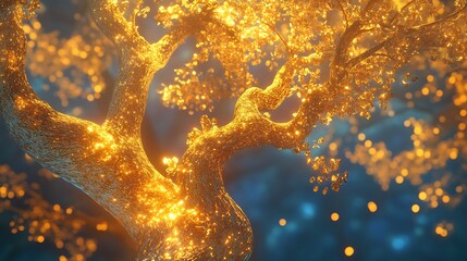 Ethereal golden money tree with glowing golden branches in a twilight dreamscape