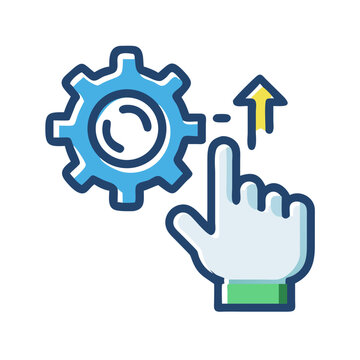 Hand Pressing Gear Icon Representing Workflow and Process Management