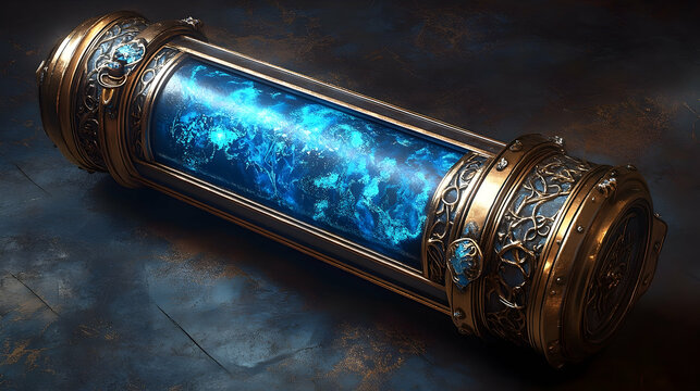 Ornate, cylindrical, glowing blue elixir container.