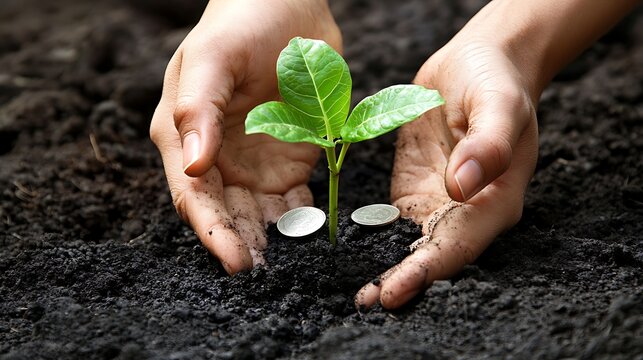 A growing money plant rooted in coins held by caring hands symbolizing wealth creation and sustainable financial planning
