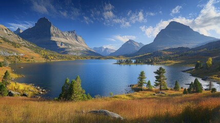Majestic mountains and a calm lake beneath a blue sky