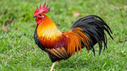 Fototapeta premium A Colorful Rooster Standing Proudly In Lush Green Grass