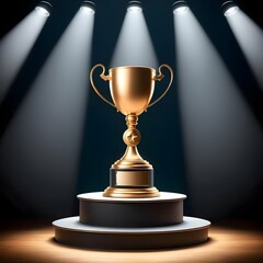 Golden Trophy on Stage with Spotlights