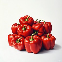 A bunch of ripe red bell peppers with smooth skin and vibrant color, isolated white background, hyperrealism art style