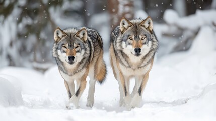 Naklejka premium Two grey wolves walking in a snowy forest.