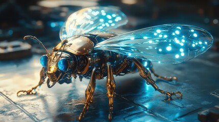 Fototapeta premium Intricate Mechanical Beetle With Brass Exoskeleton and Glowing Wings on Metallic Surface