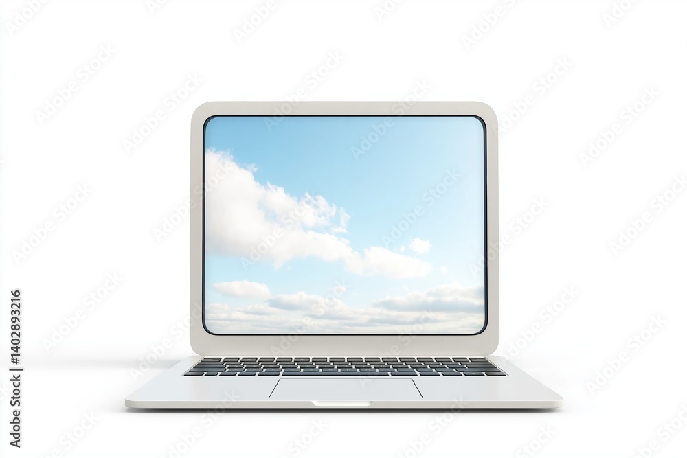 Aufkleber modern laptop with open screen displaying clear blue sky and white clouds in a minimalist setting