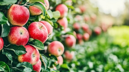 Ripe red apples growing on a tree branch amongst green leaves